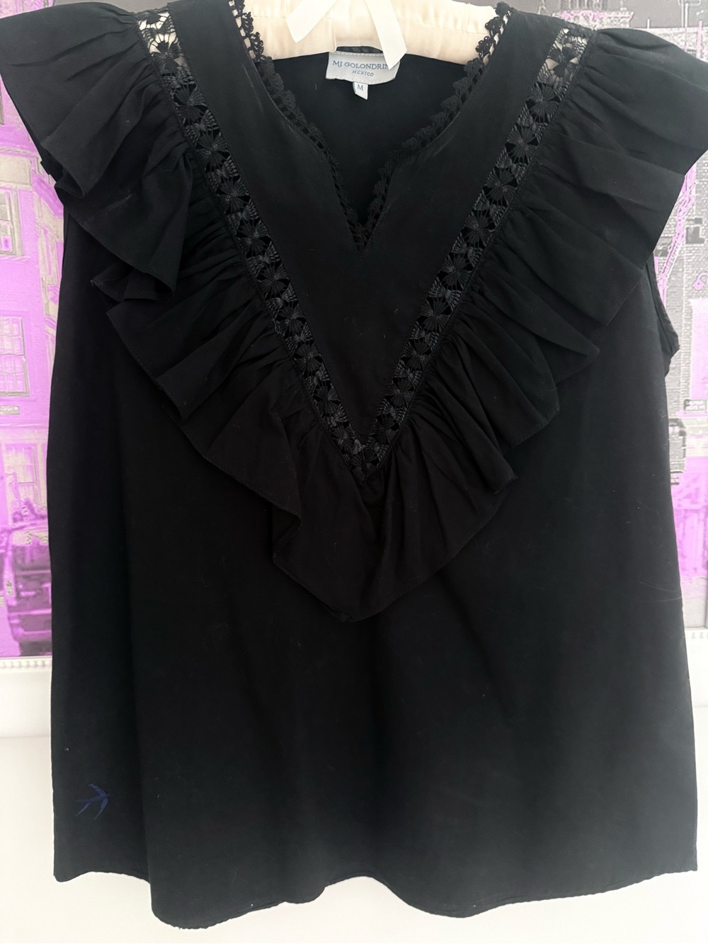 MG Goldbond Black Ruffled V-Neck Women's Top